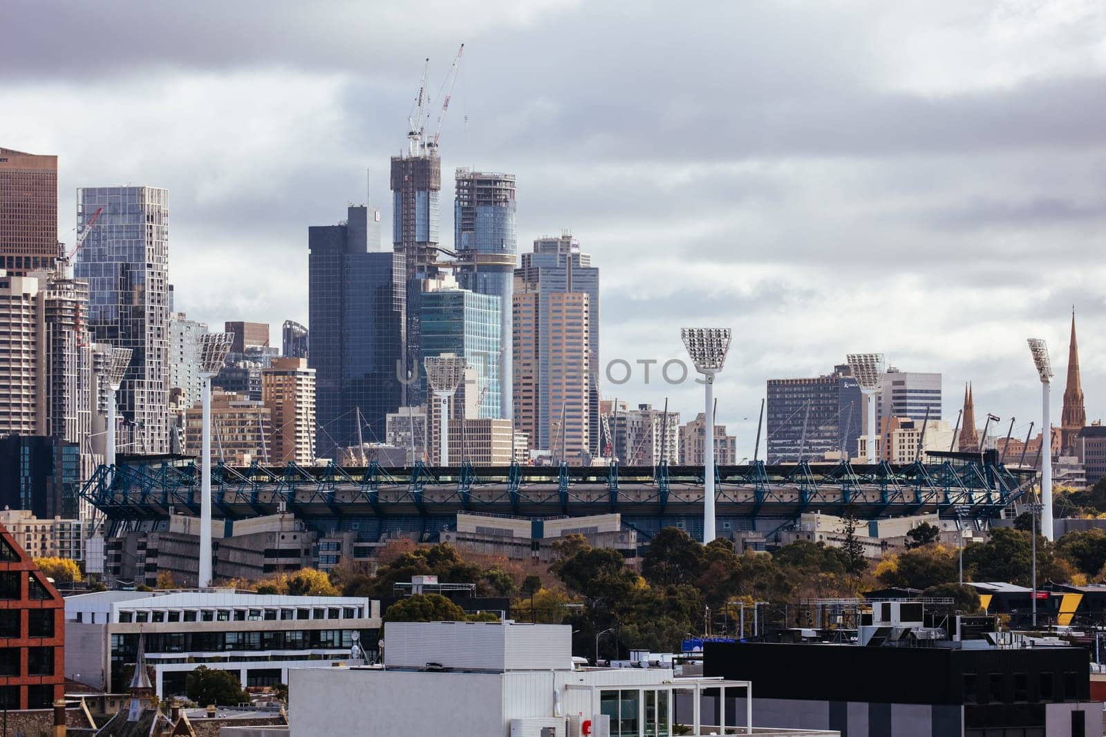 MELBOURNE, AUSTRALIA - JUNE 10, 2022: View towards Melbourne Cricket Ground and Melbourne skyline from a high rise building in Cremorne in Australia