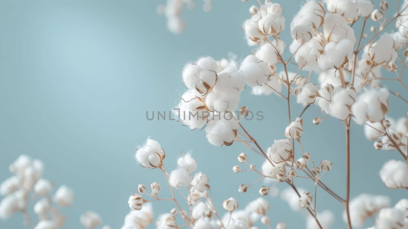 Delicate cotton flowers against a blue background, close-up. Nature and botanical concept.
