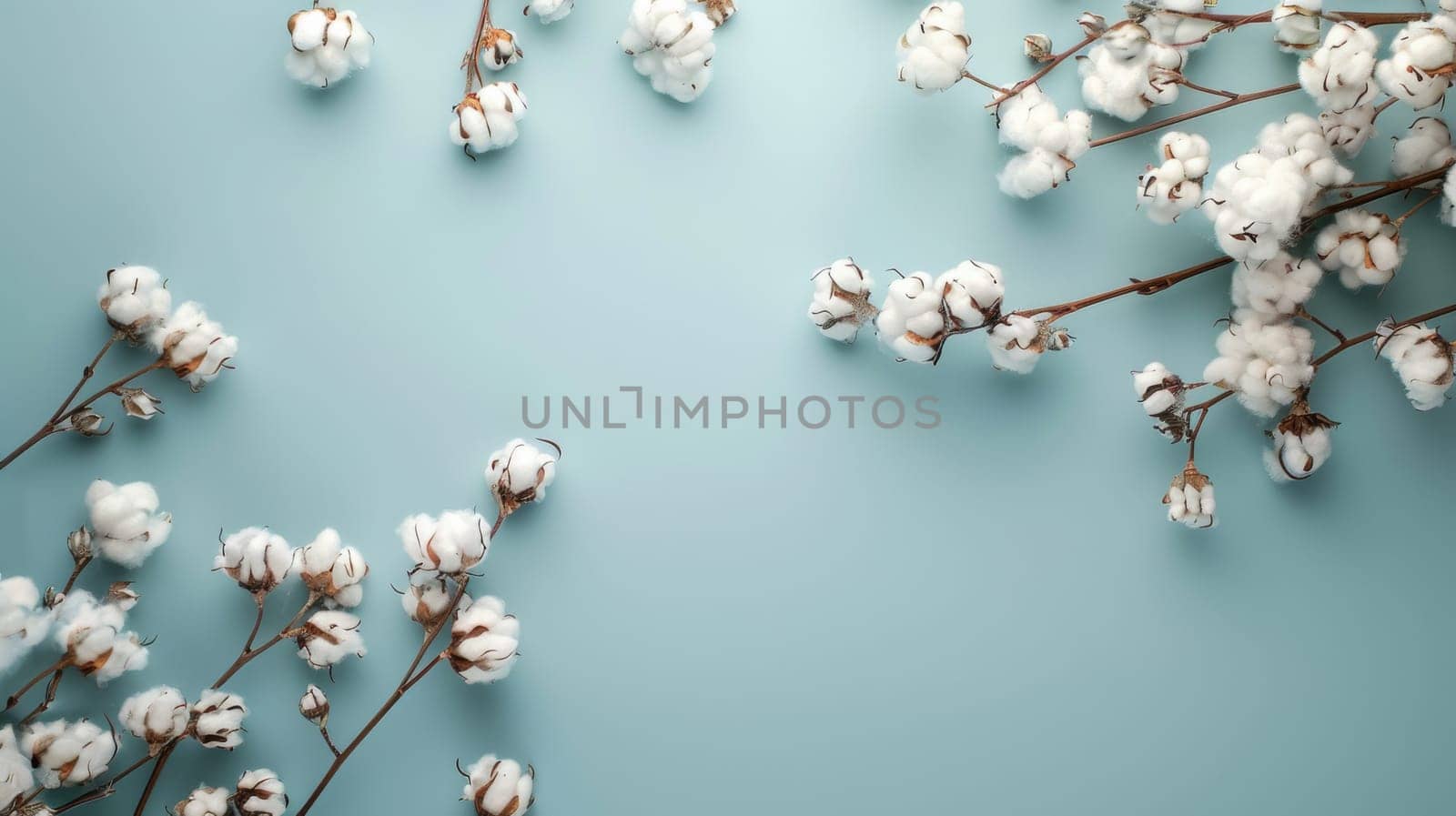 Cotton branches with white fluffy buds on a light blue background, top view. Minimalist nature concept.