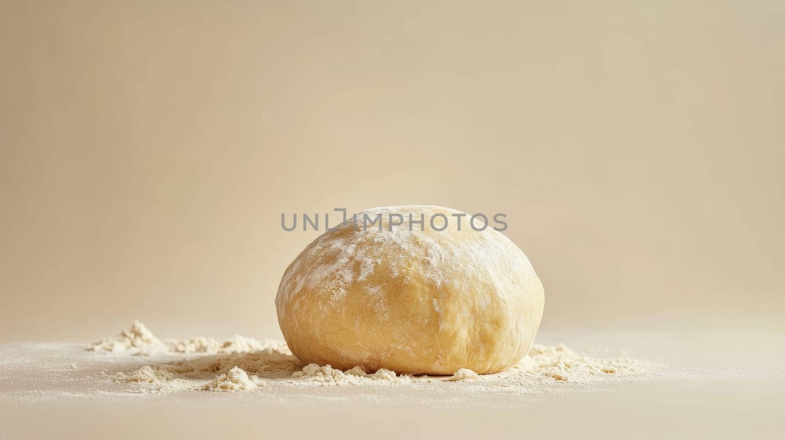 Ball of raw dough on a floured surface, studio shot. Baking and pastry preparation concept.
