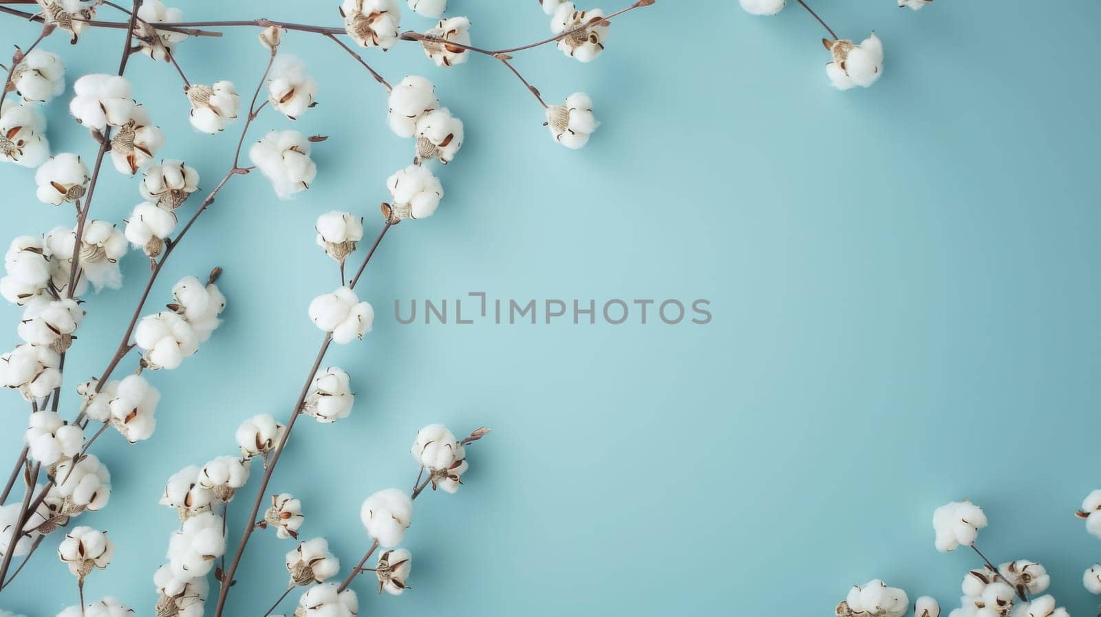 Cotton flowers on light blue background, minimal composition. Spring and nature concept.