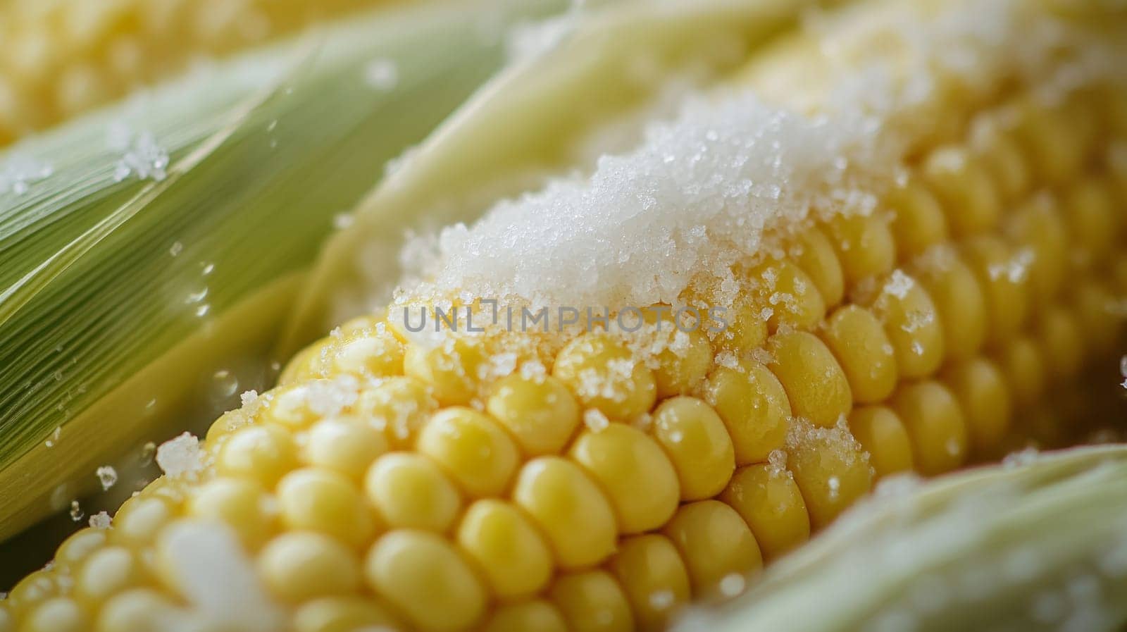 Close-up of corn on the cob with salt, fresh kernels and husk.