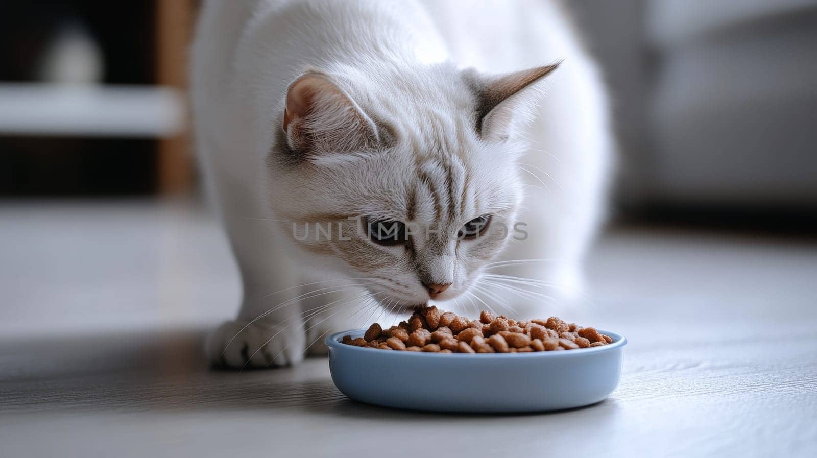 White cat eating dry food from a blue bowl on a floor, indoor scene. Pet care and nutrition concept.