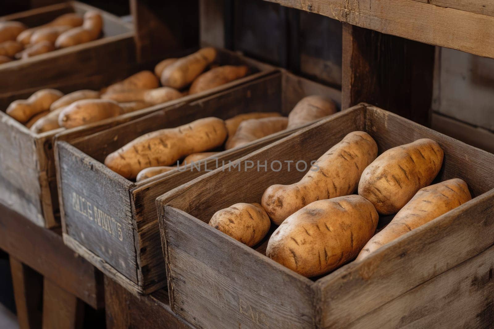 Wooden crates are filled with freshly harvested sweet potatoes, showcasing their rich color and texture. This display highlights the bounty of the autumn harvest.