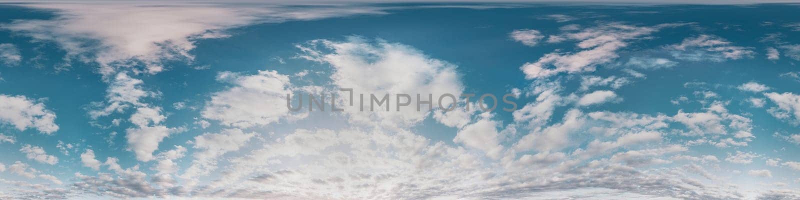 Bright sunset sky panorama with Cirrus clouds. Seamless hdr spherical equirectangular 360 panorama. Sky dome or zenith for 3D visualization, game and sky replacement for aerial drone 360 panoramas.