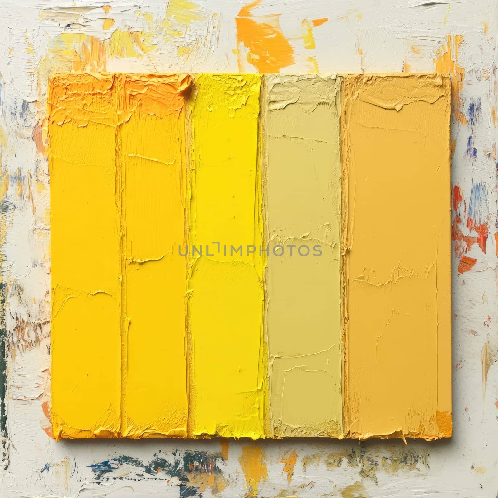 The artwork displays five vertical stripes of varying yellow hues, richly textured and set against a backdrop of vibrant, playful paint splatters, creating a cheerful aesthetic.