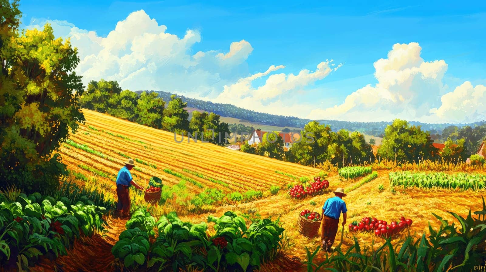 Two farmers gather ripe vegetables in baskets under a bright sky filled with fluffy clouds. The landscape features vibrant fields and distant hills.