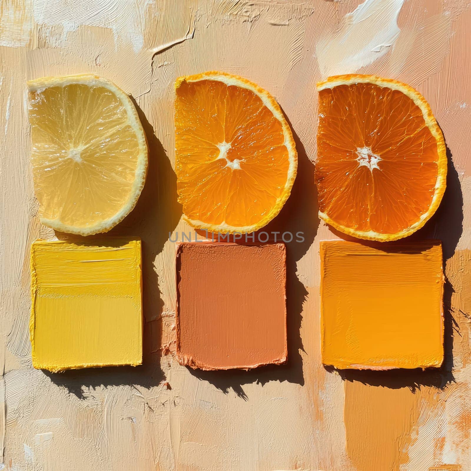 Sliced lemon and orange sit alongside vibrant paint swatches on a textured backdrop, showcasing a beautiful interplay of color and natural elements in a creative display.