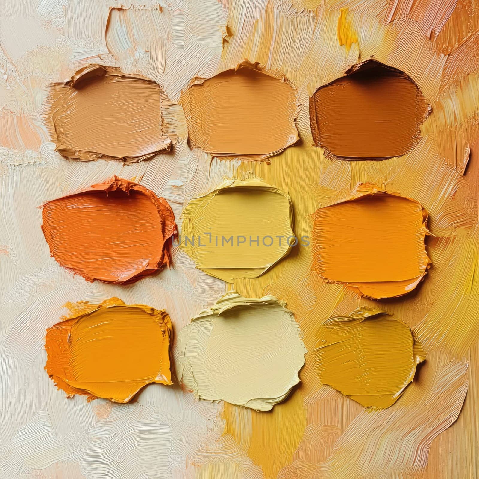 A variety of paint swatches in shades of orange and beige are arranged on a textured surface, highlighting the rich colors and artistic possibilities suitable for any creative project.