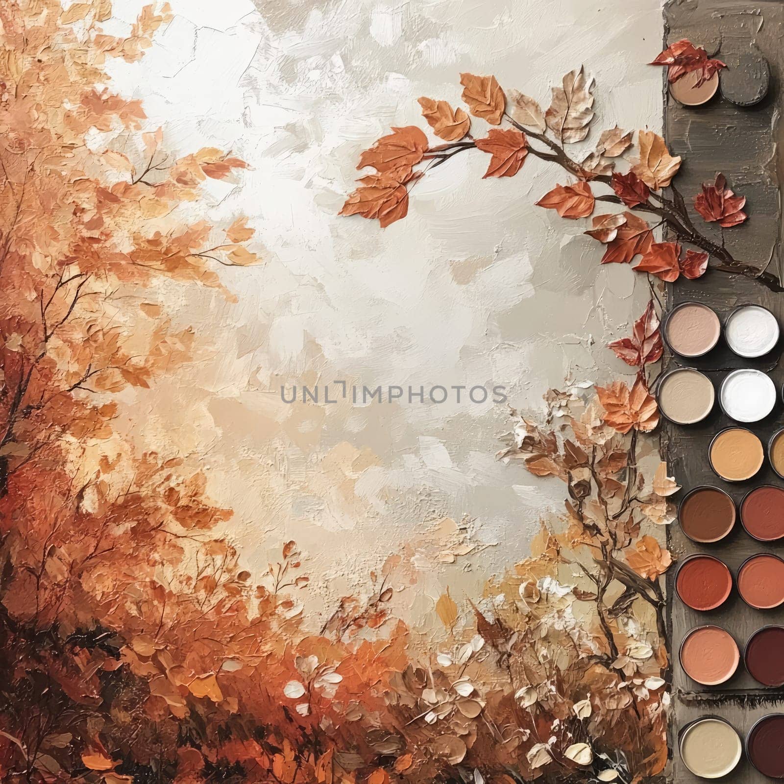 A stunning autumn landscape features rich foliage in warm hues, blending seamlessly into a soft, neutral backdrop. An artist’s palette with various earth tones lies nearby, ready for use.