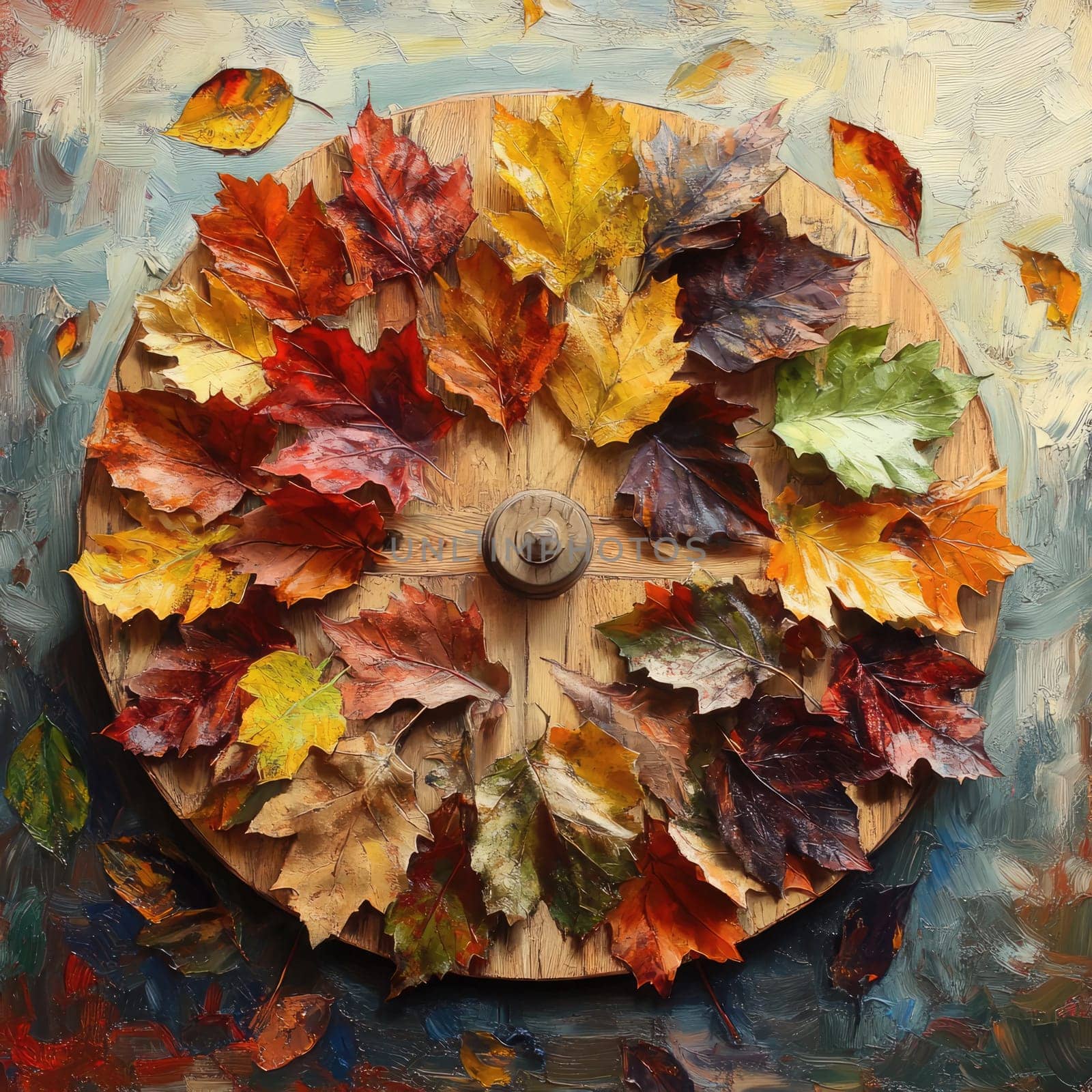 A colorful display of autumn leaves in red, orange, yellow, and green hues is artistically arranged in a circular pattern on a wooden background, capturing the essence of fall.