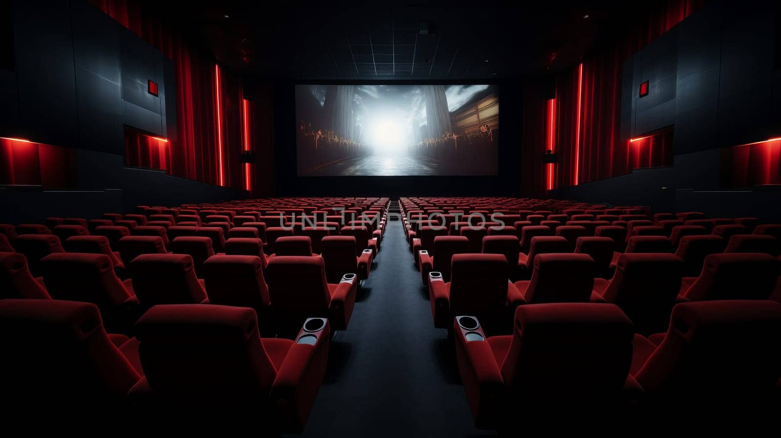 An Abandoned Theater With Vibrant Red Seats and a Massive Projector Screen.