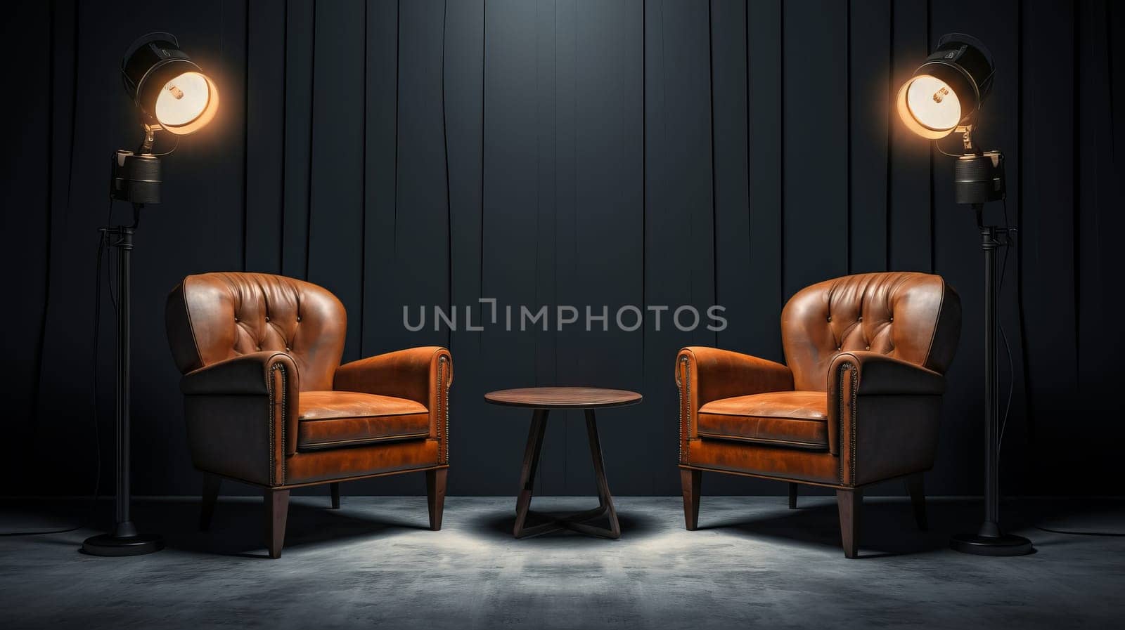 Two chairs and spotlights in podcast or interview room.