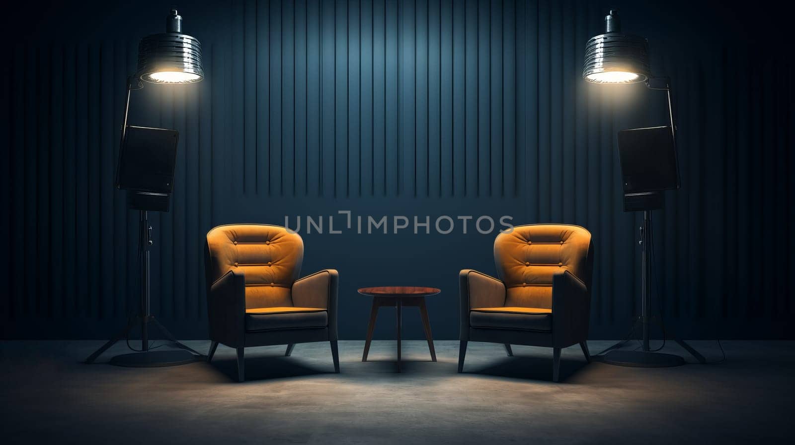 Two chairs and spotlights in podcast or interview room.