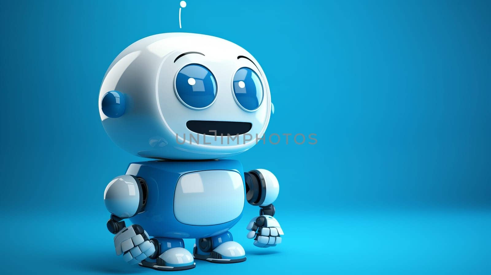 Blue and White Robot Standing on a Blue Background.