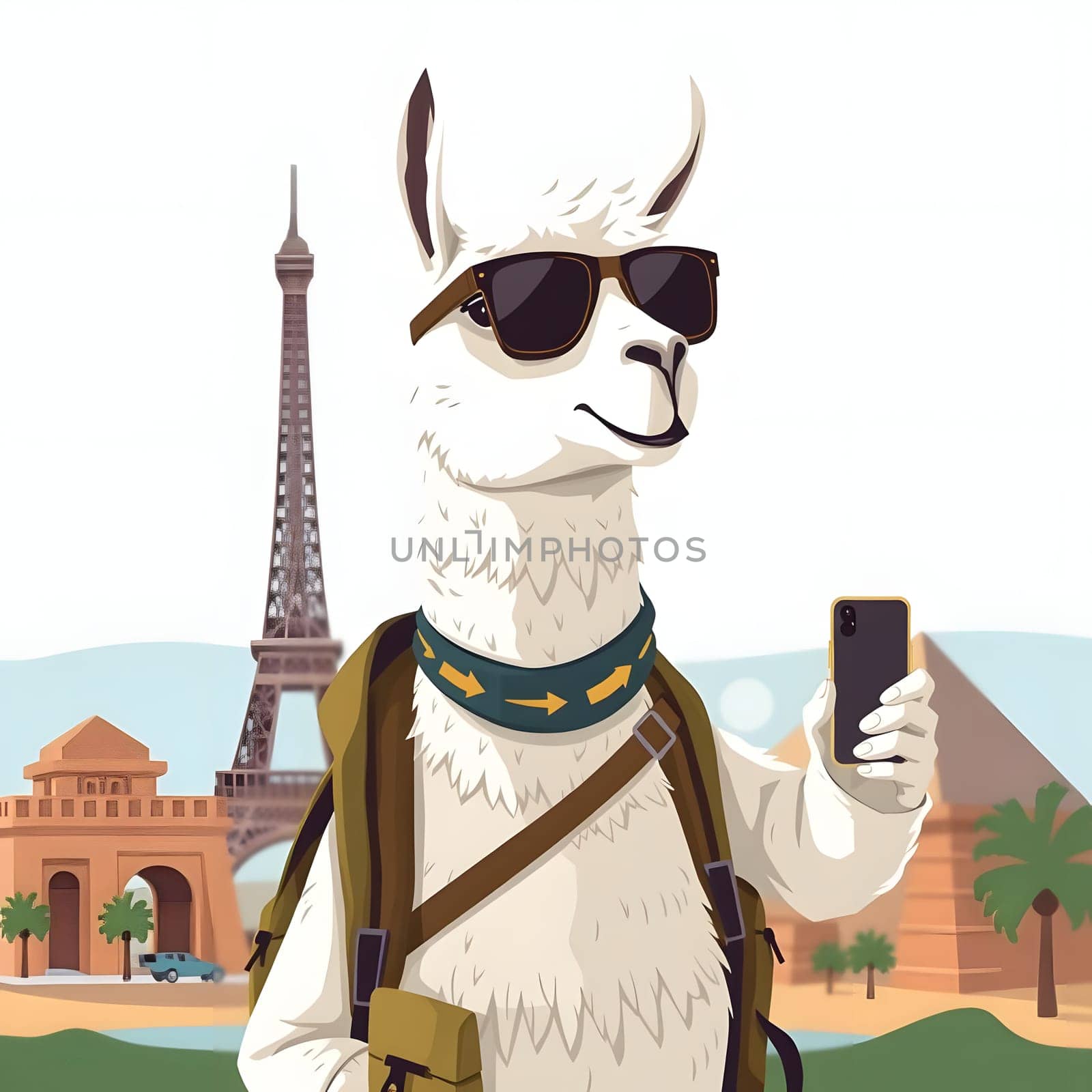 A llama dressed in trendy sunglasses and a backpack stands proudly, taking a selfie in front of iconic landmarks, blending charming elements of travel and fun in a creative setting.