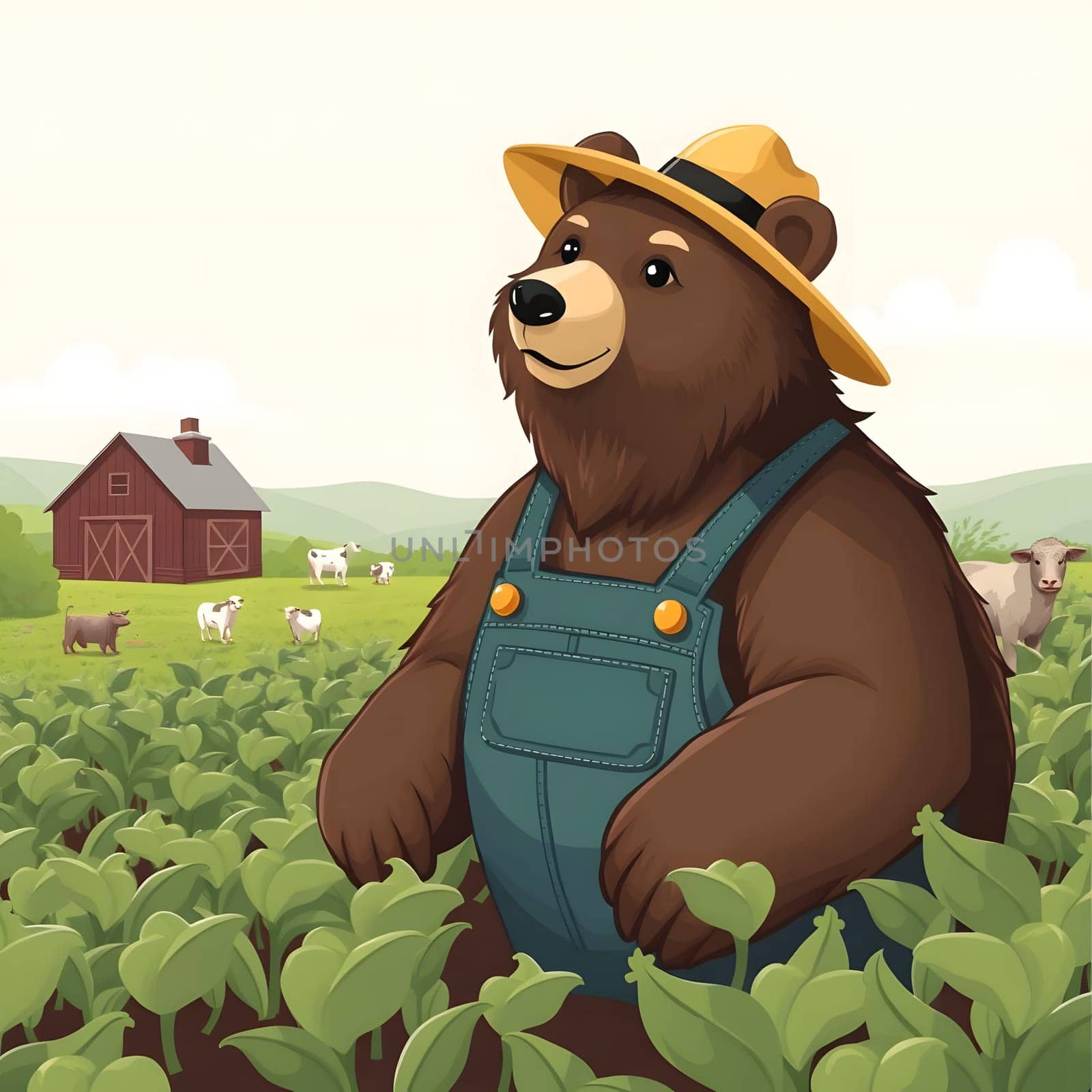 A bear dressed in overalls and a straw hat stands among vibrant crops in a sunny rural farm. In the background, cows graze near a red barn, creating a peaceful agricultural setting.