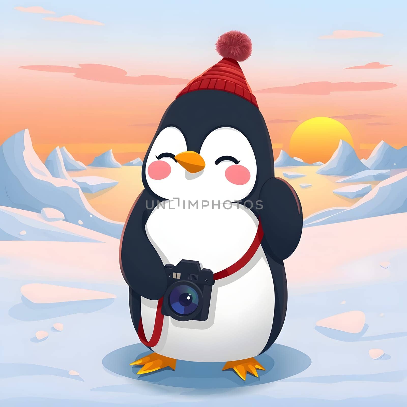 A playful penguin with a red beanie stands on snow-covered terrain, holding a camera. The sun rises in the background, illuminating the icy landscape and creating a joyful atmosphere.