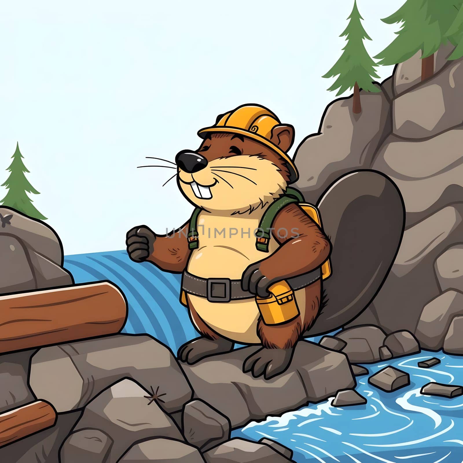 A cheerful beaver dressed in a construction hat and gear stands by a flowing river, overseeing the dam construction. Trees dot the background, adding a natural touch to the scene.