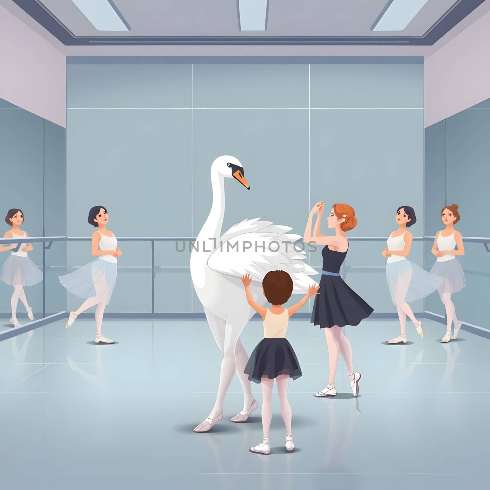 In a contemporary dance studio, a group of young ballet dancers practices their routine while a graceful swan captures their attention. The atmosphere is filled with creativity and focus.