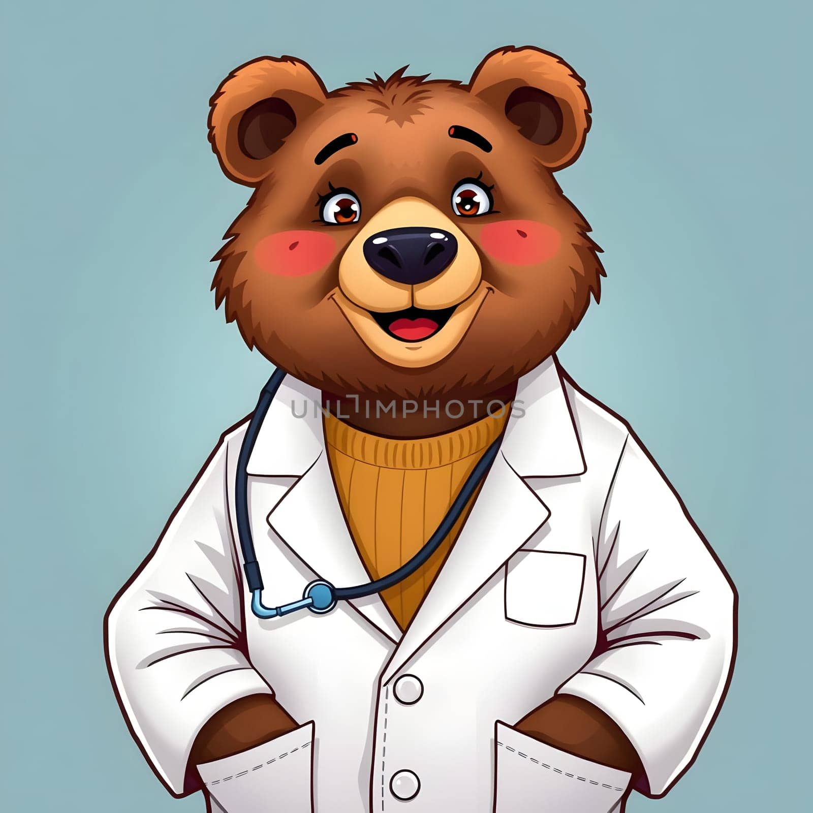 A cheerful bear wearing a doctors coat and stethoscope stands confidently, showcasing friendly features. The bear exudes warmth and approachability, perfect for childrens health themes.
