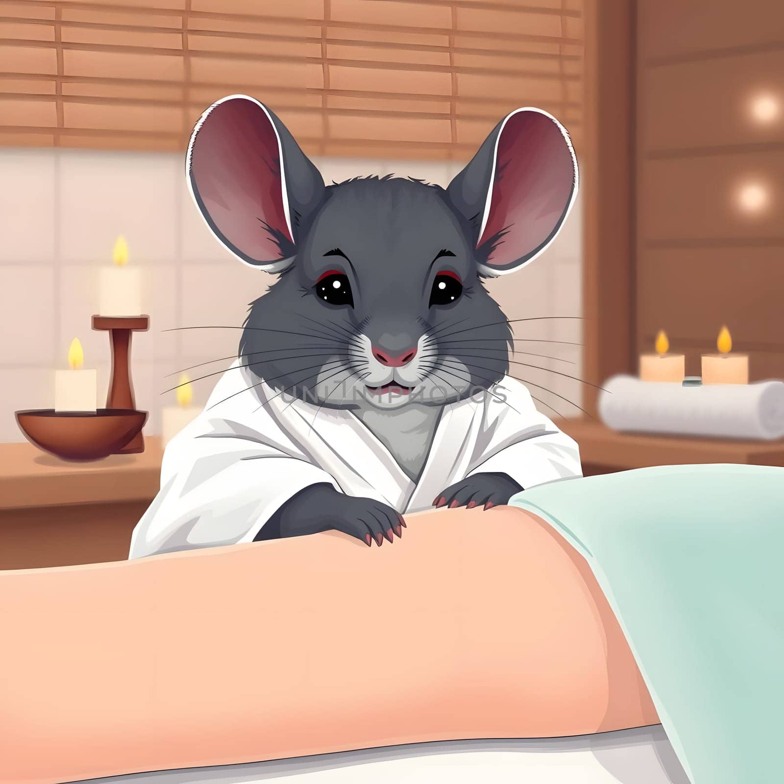 A cute chinchilla, dressed in a spa robe, gently massages a person's back in a serene setting filled with candles and soft lighting, creating a calming atmosphere.
