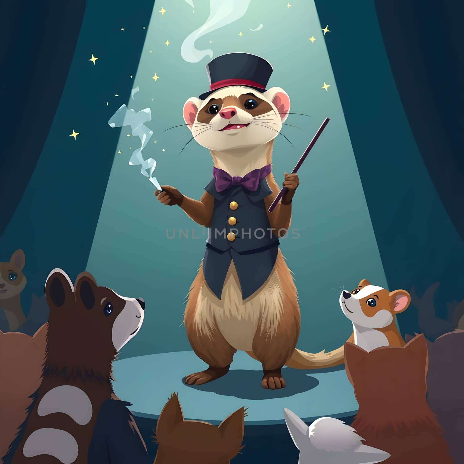 A charming ferret wearing a magician's outfit captivates an audience of various animals. The scene features dramatic lighting and smoke, adding excitement to the performance.