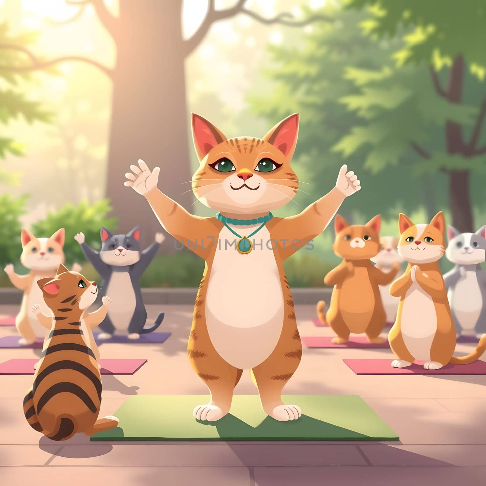 A group of animated cats gathers outdoors for a yoga session, with one cat leading the class. The peaceful environment features soft sunlight filtering through trees.