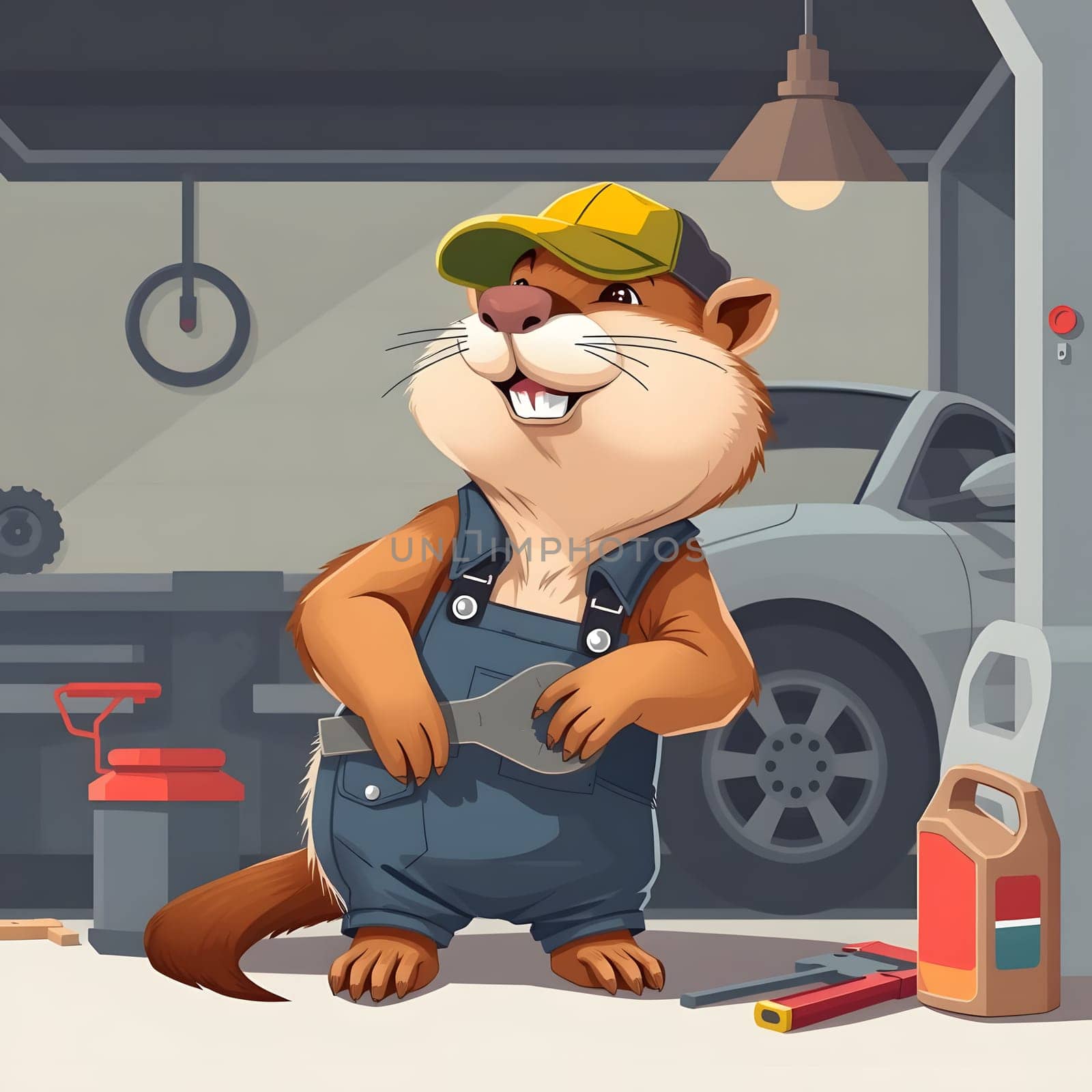 A cartoon character resembling a friendly animal stands in a garage, wearing overalls and a cap, holding a wrench and smiling confidently in a workshop environment. Tools and a car are visible nearby.