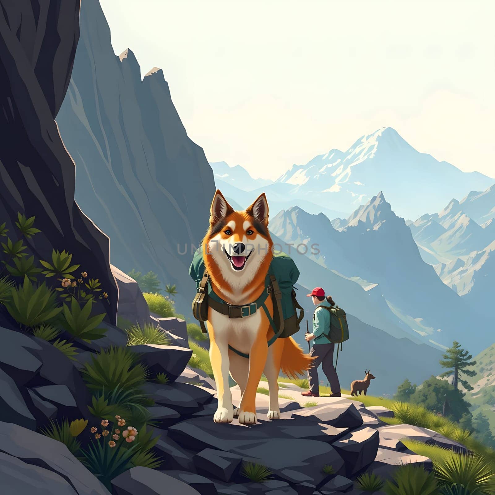 A cheerful dog with a backpack is leading two hikers along a mountainous trail. The background features lush greenery and majestic peaks under a clear sky, showcasing nature's beauty.