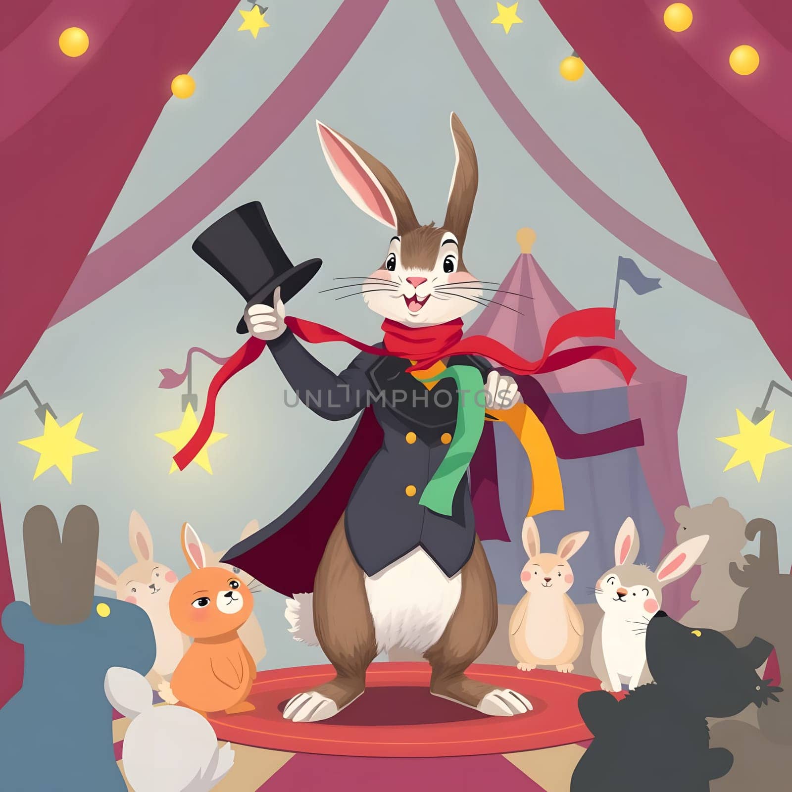 A cheerful rabbit in a top hat performs magic tricks center stage, surrounded by a variety of other animals