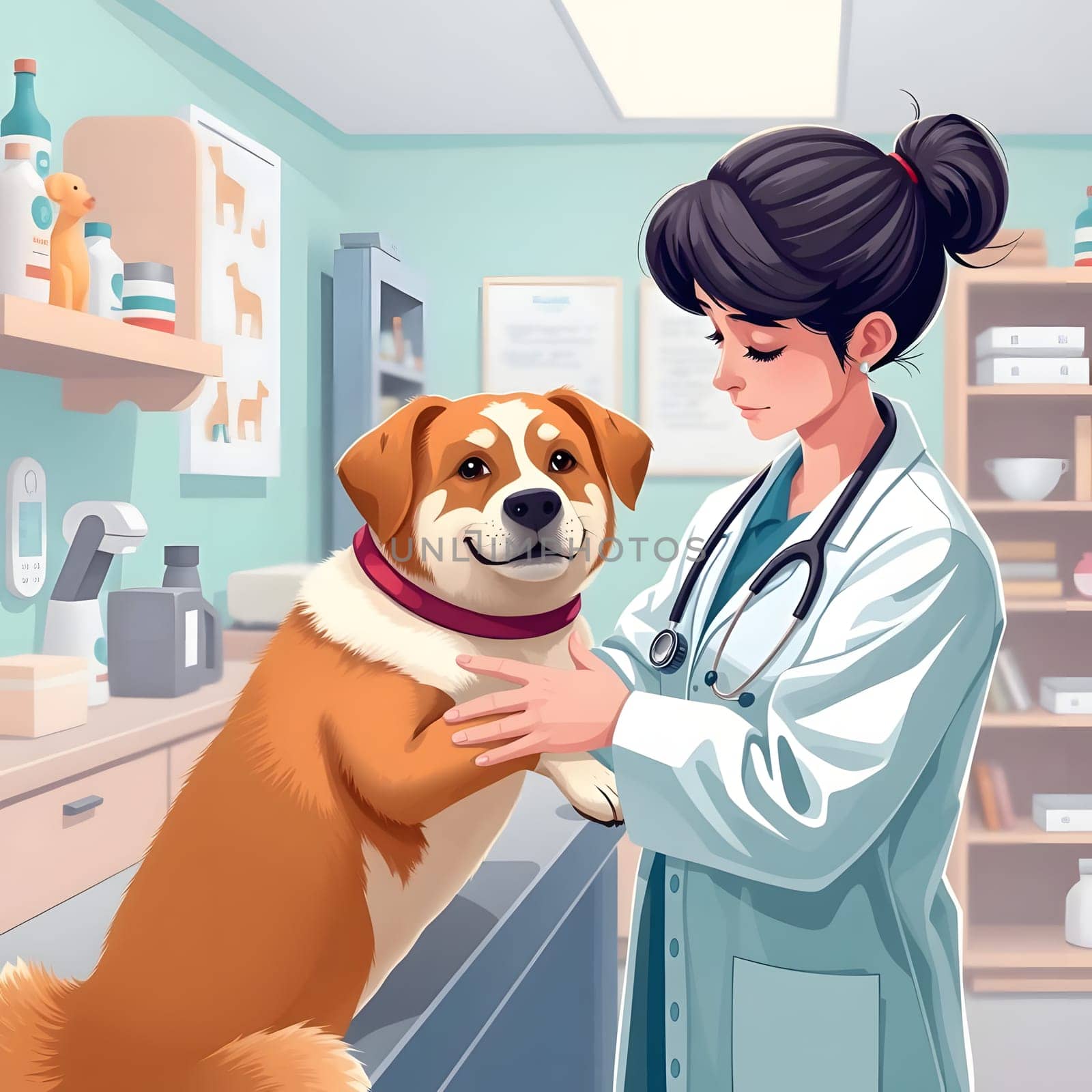 A veterinarian in a white coat interacts warmly with a cheerful dog in an animal clinic. The cozy environment features pet supplies on shelves and a caring atmosphere.