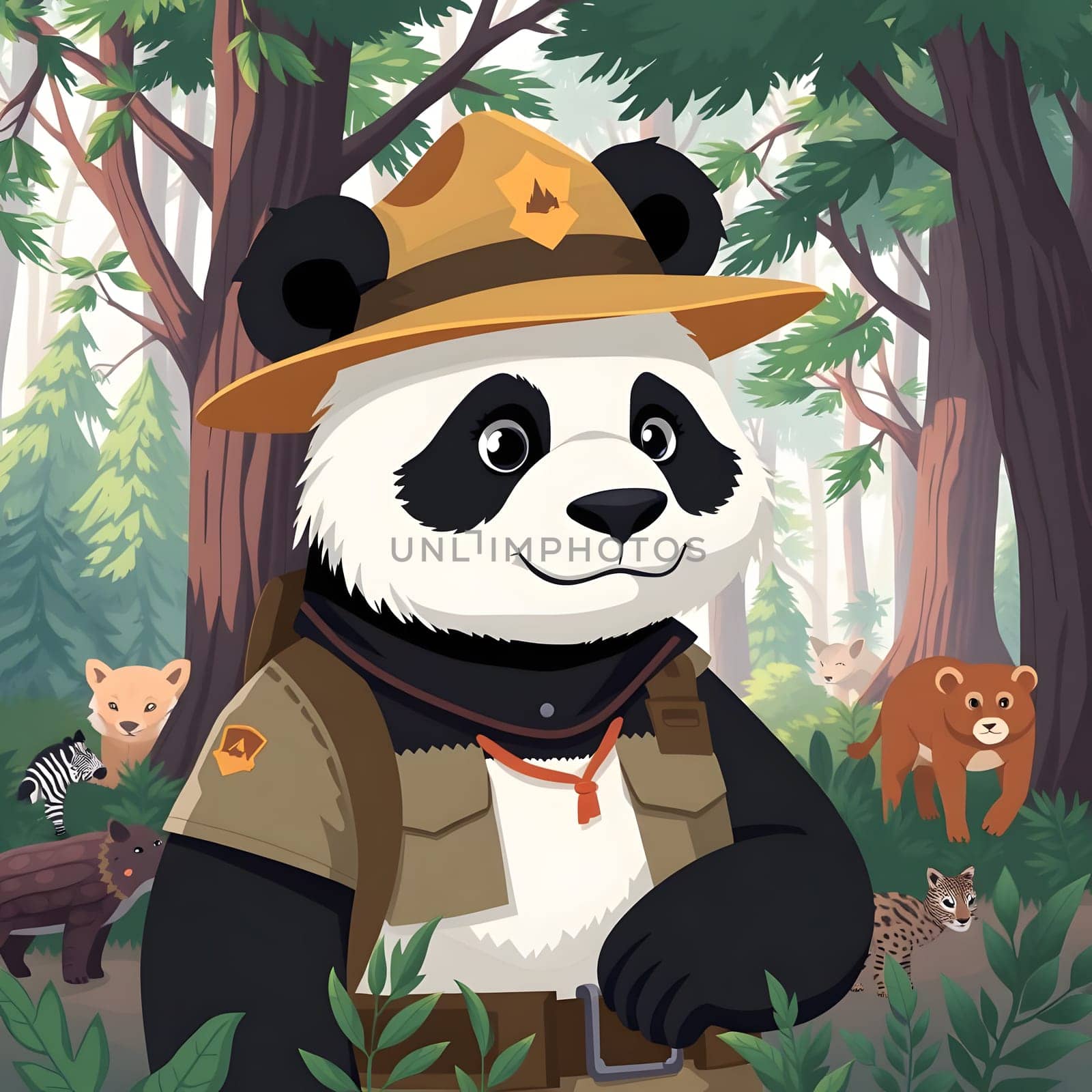 A cartoon panda dressed as a ranger is happily exploring a lush forest. Surrounding him are various forest animals, creating a playful and adventurous atmosphere in nature.