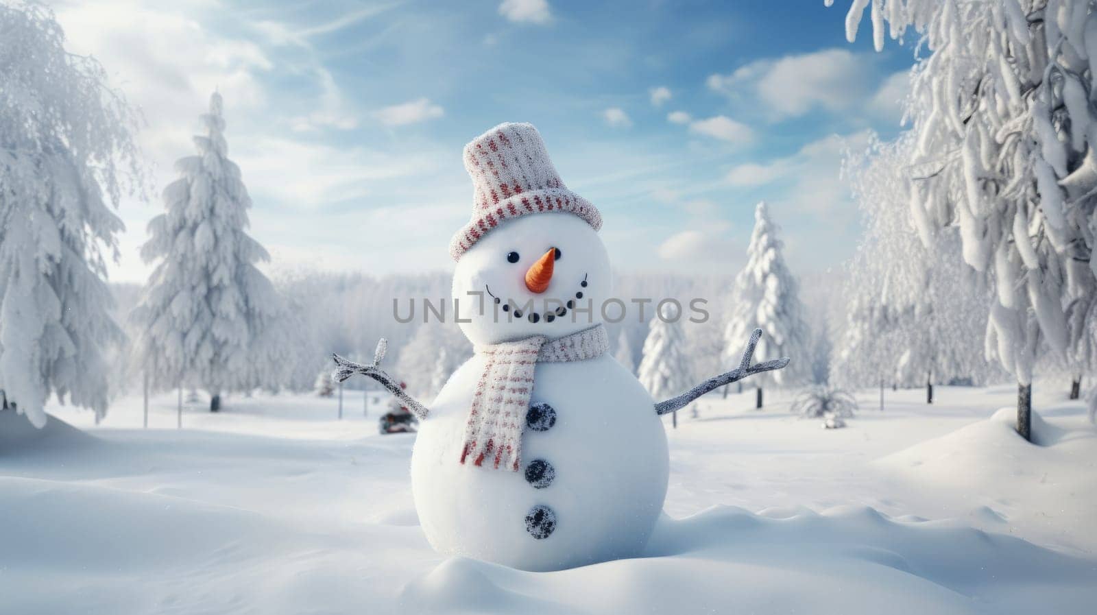 A snowman is standing in the middle of a snowy forest.