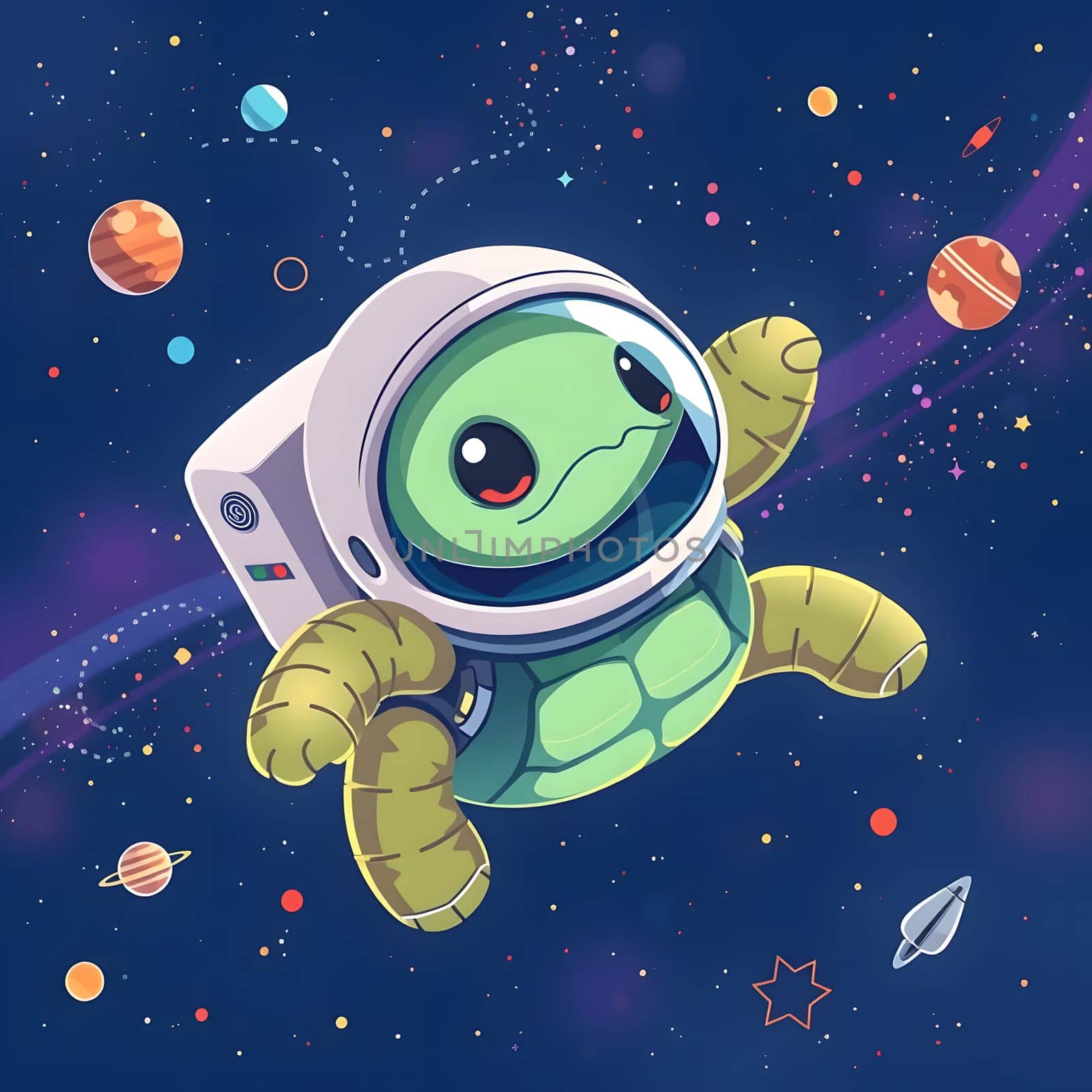 A cheerful turtle in an astronaut suit floats gracefully through space, surrounded by vibrant planets and stars, showcasing a whimsical journey beyond Earth.