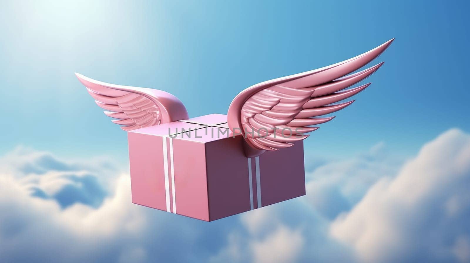 Pink Gift Box with Floating Angel Wings in the Sky.