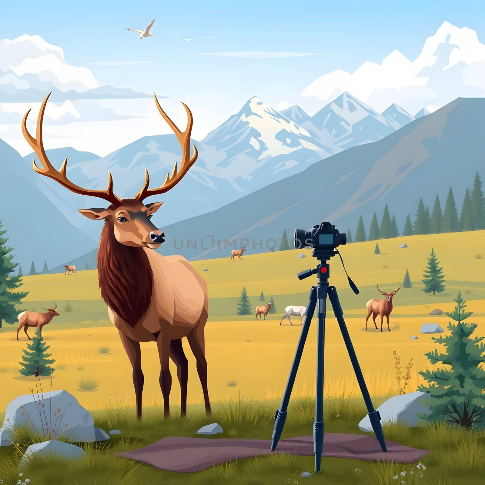 A large elk with impressive antlers gazes towards a camera set on a tripod in a vibrant mountainous landscape. Background features rolling hills and a clear blue sky.