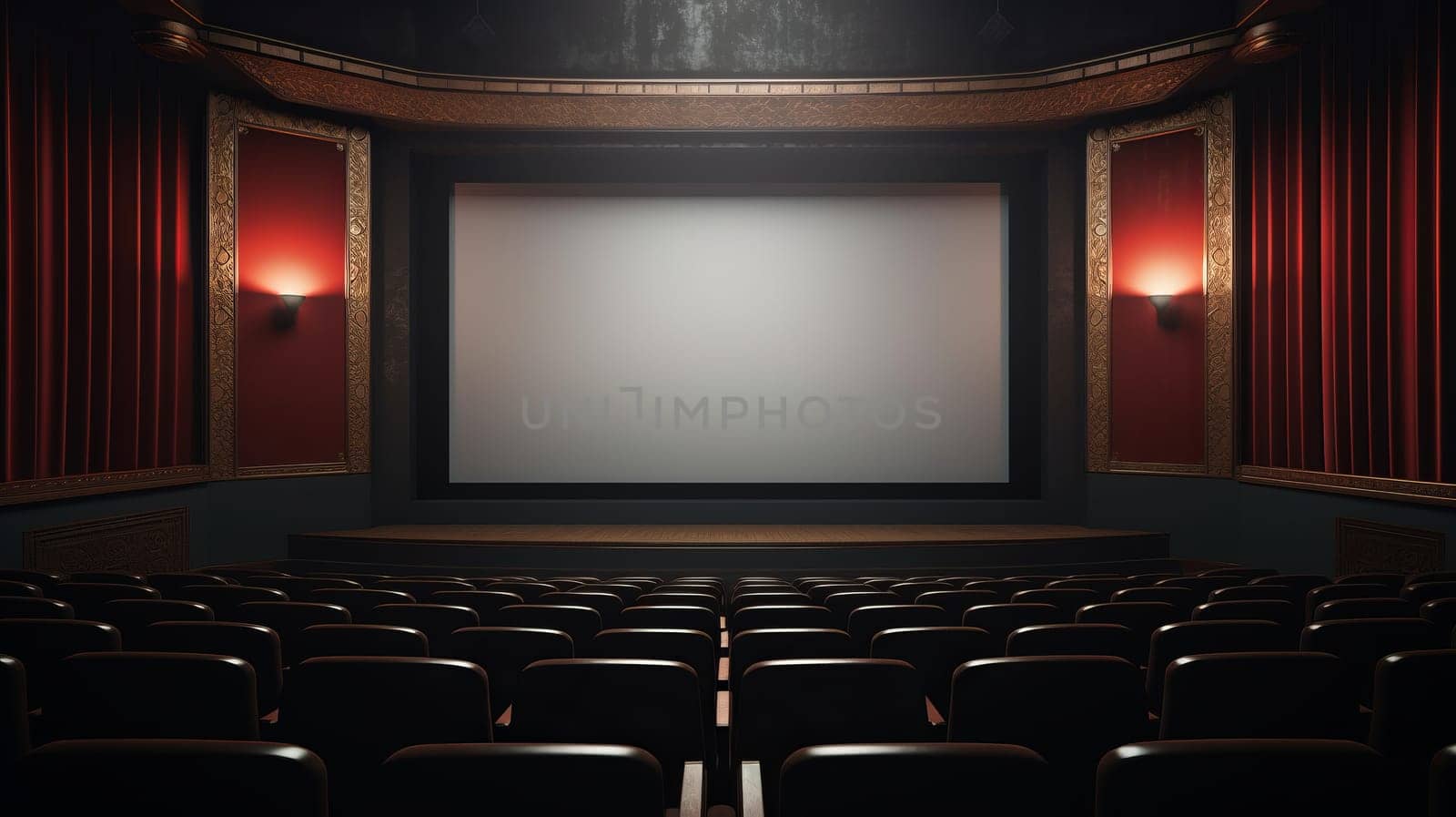 An empty theater with a projector screen.