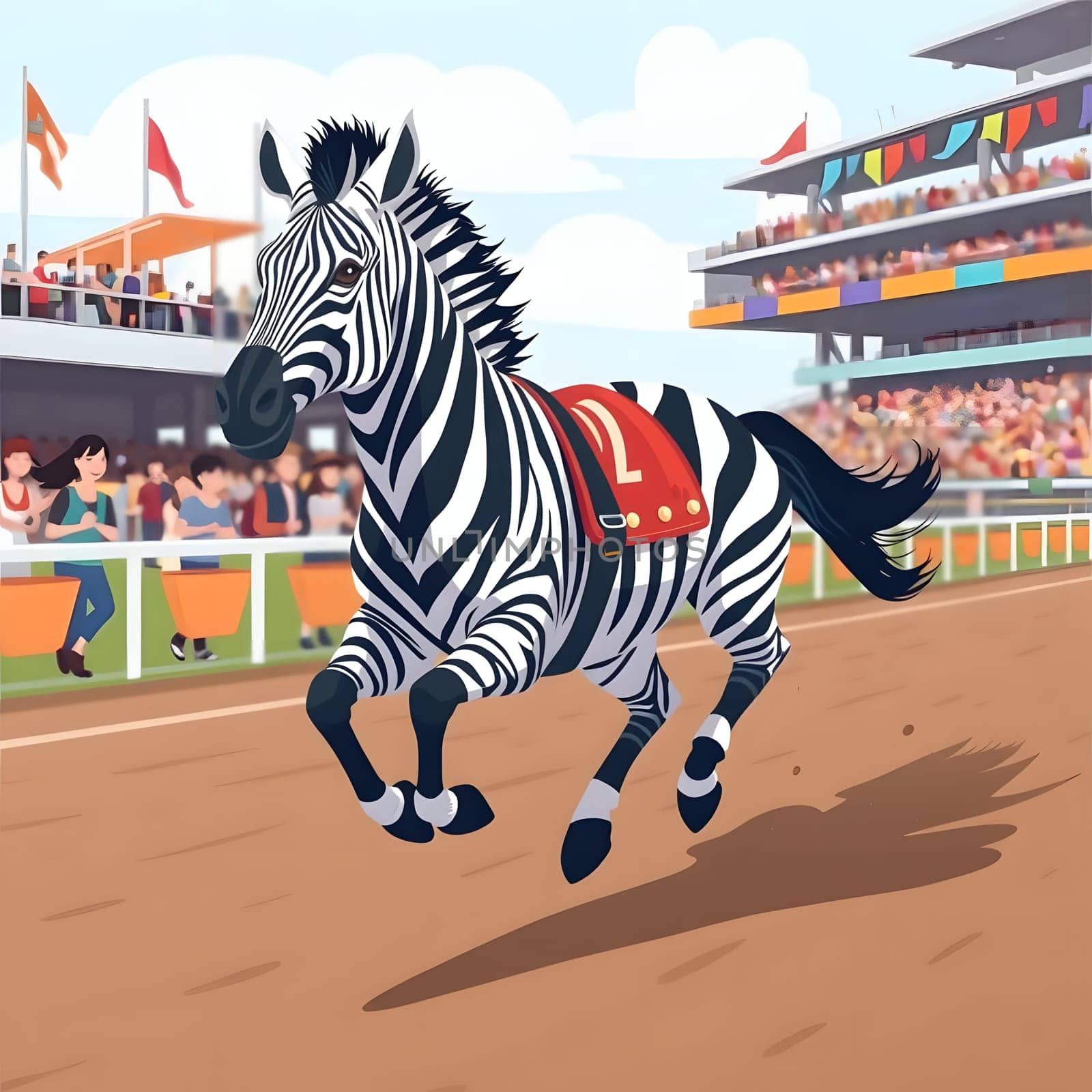 A zebra, wearing a racing saddle, gallops energetically down the track at a bustling racecourse filled with cheering spectators under a sunny sky. The atmosphere is lively and colorful.