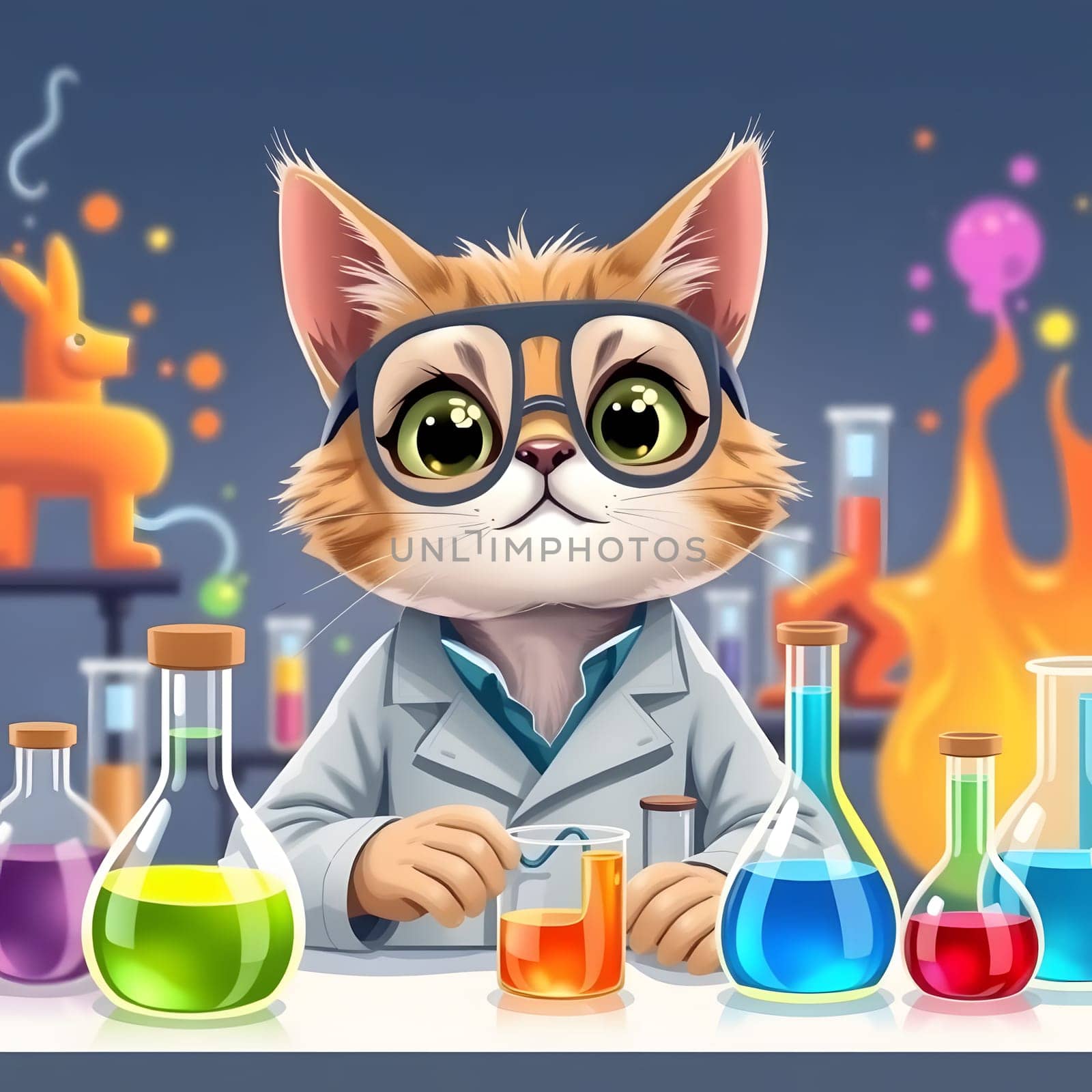 A cat in glasses wears a lab coat, surrounded by colorful beakers and flasks. The playful lab is filled with swirling liquids, showcasing the cat's enthusiastic experiments.