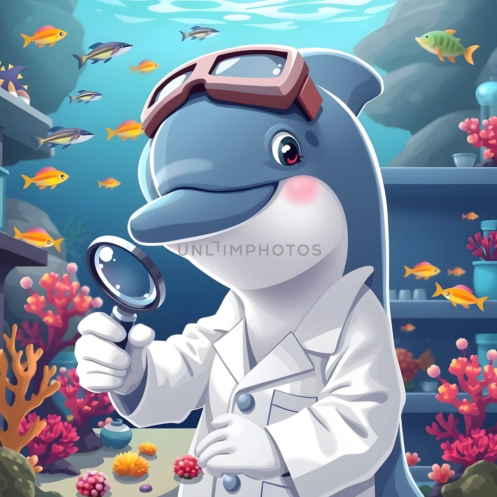 A dolphin wearing a lab coat and goggles examines coral and fish in a vibrant underwater environment, showcasing the beauty of marine life and scientific curiosity in its natural habitat.