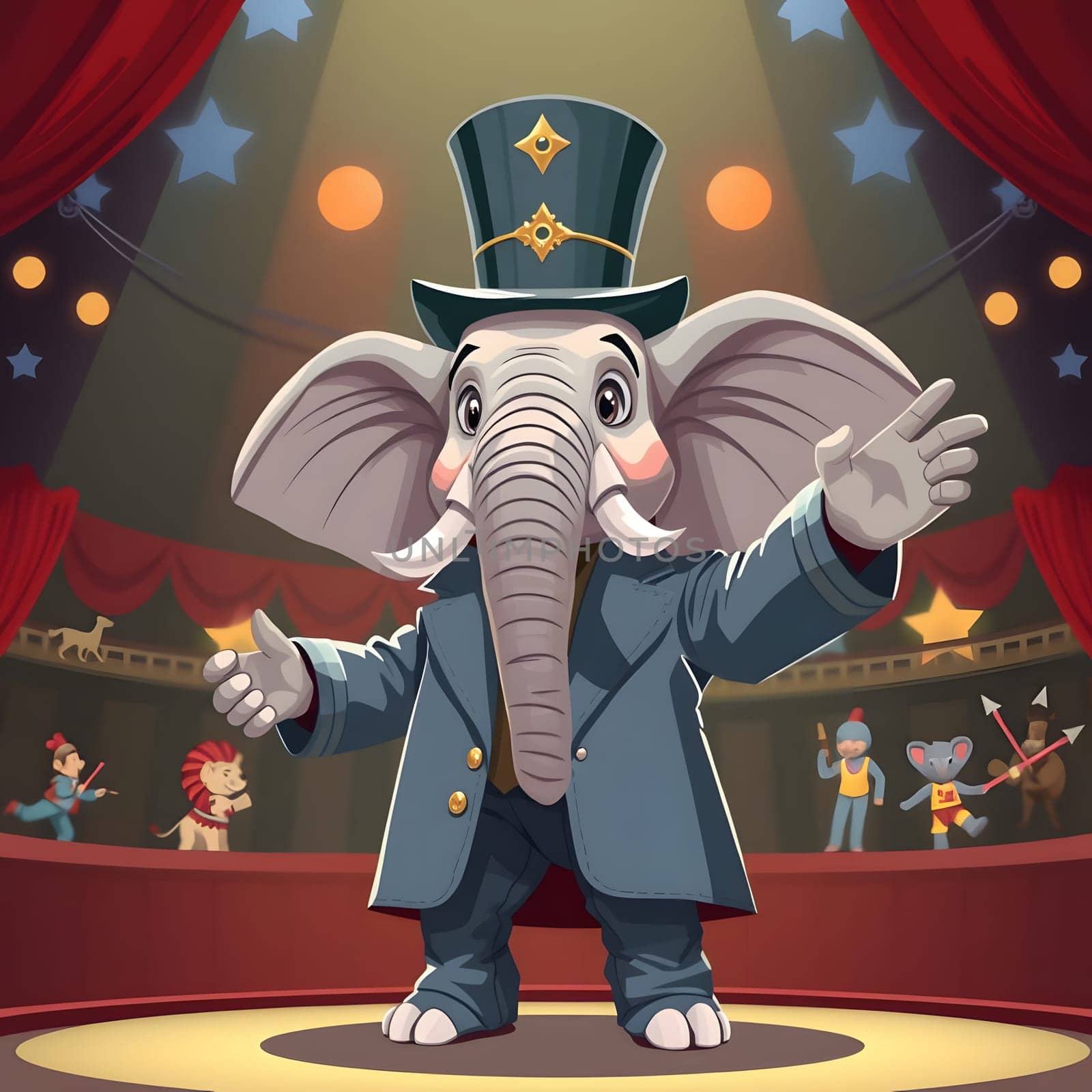 An elephant dressed as a magician takes center stage, captivating the audience with its lively performance in a colorful circus setting filled with vibrant props and characters.