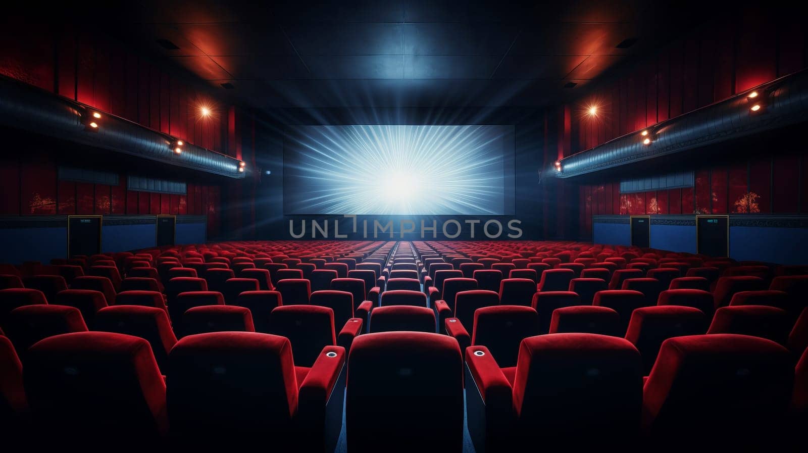 Empty Theater with Vibrant Red Seats and a Large Projector Screen.