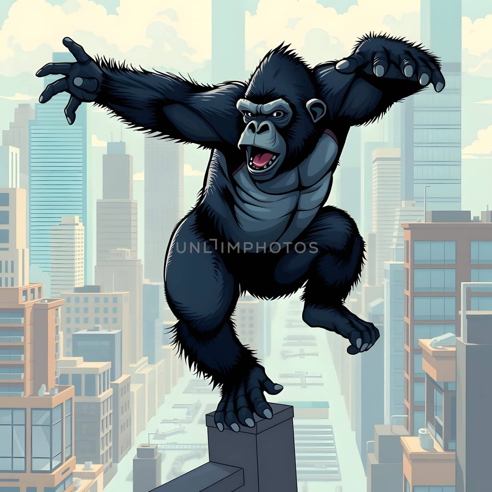 A cartoon gorilla is mid-air, energetically leaping from a building rooftop in a busy urban area. The city skyline showcases modern skyscrapers under a bright sky.