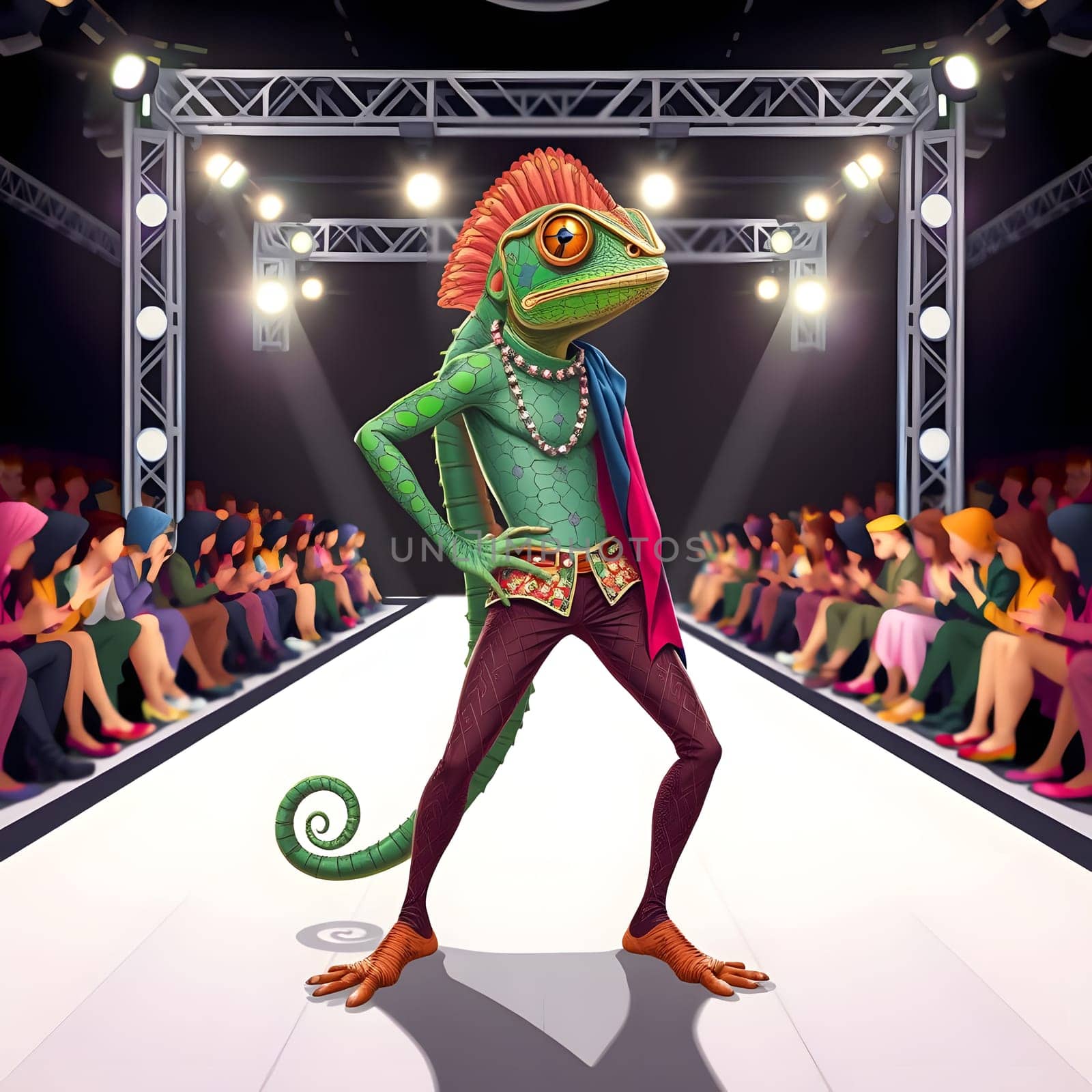 A vividly colored lizard confidently struts down a runway, adorned with stylish accessories, captivating an audience of fashion enthusiasts waiting to see the latest trends.