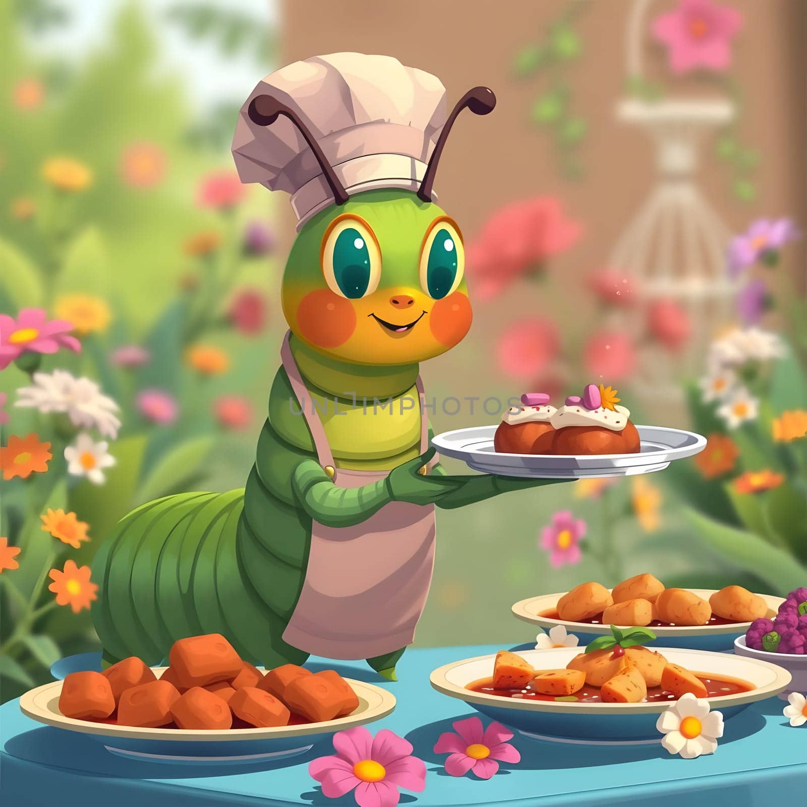 A cheerful caterpillar wearing a chef's hat presents a platter of gourmet food amidst colorful flowers in a sunny garden, showcasing the joy of culinary creativity.