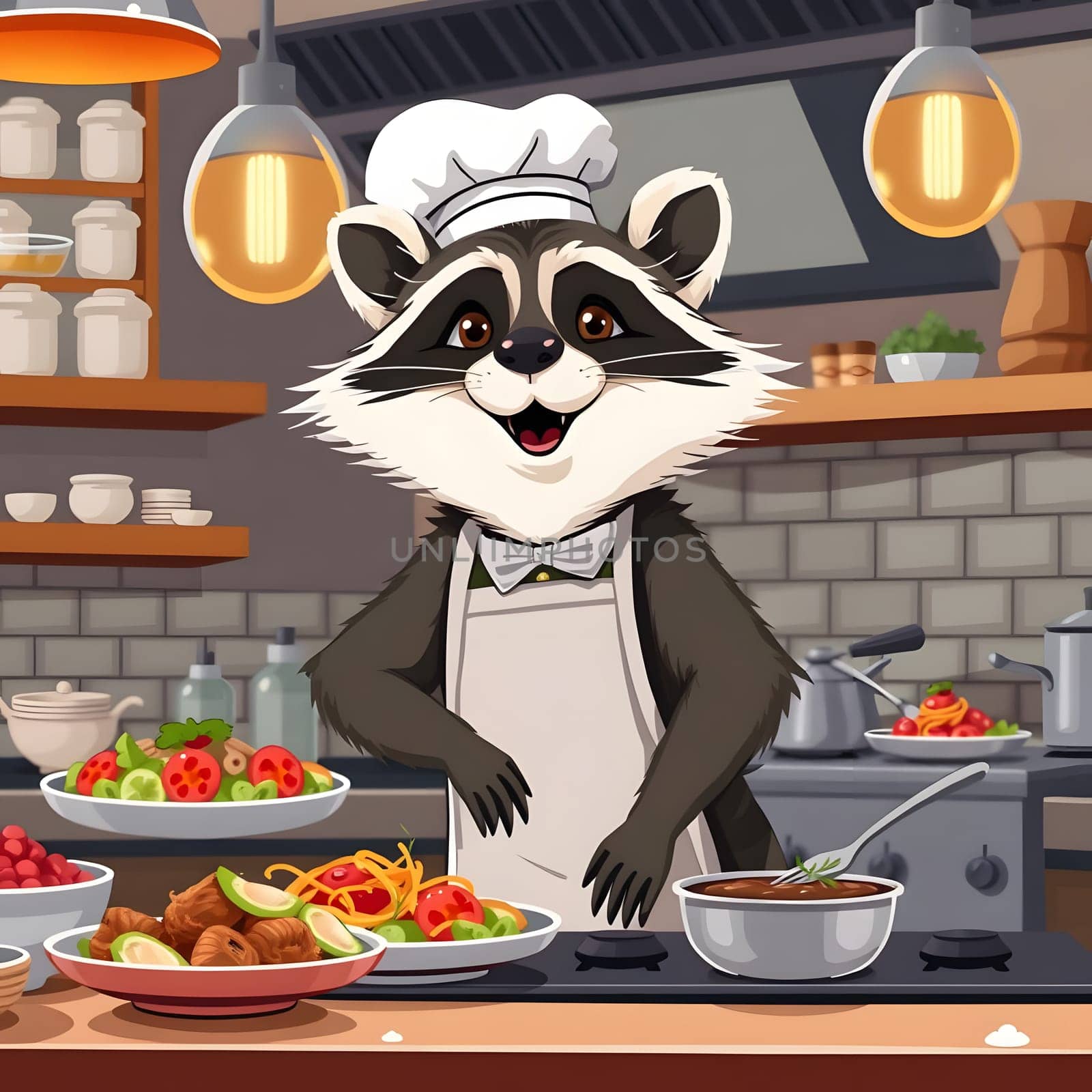 In a bustling kitchen, a charming raccoon chef prepares colorful dishes with fresh ingredients, showcasing culinary skills and a joyful demeanor while surrounded by vibrant food.