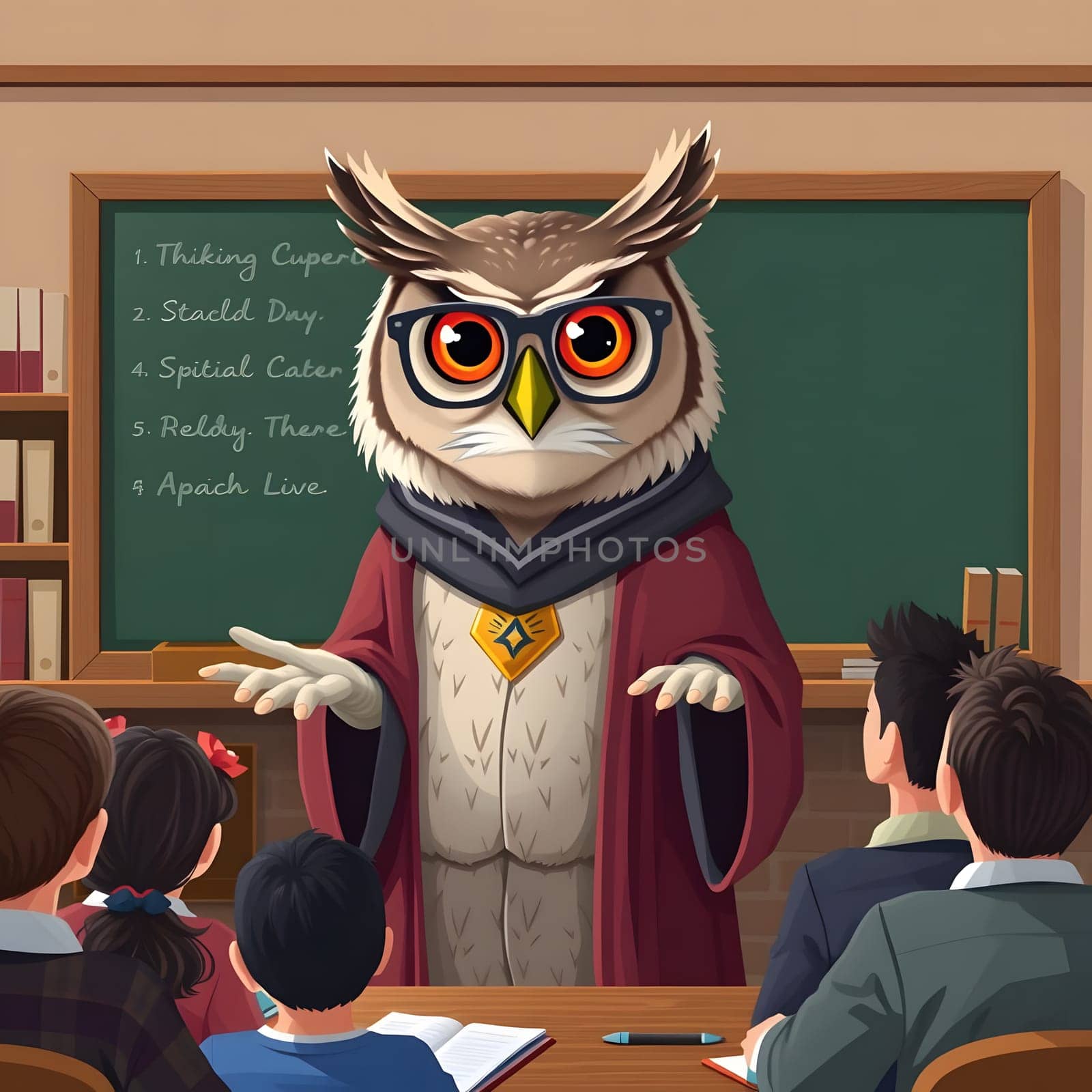 In a classroom setting, an owl wearing glasses and a robe instructs attentive students. The board lists important topics, showcasing an engaging learning environment.