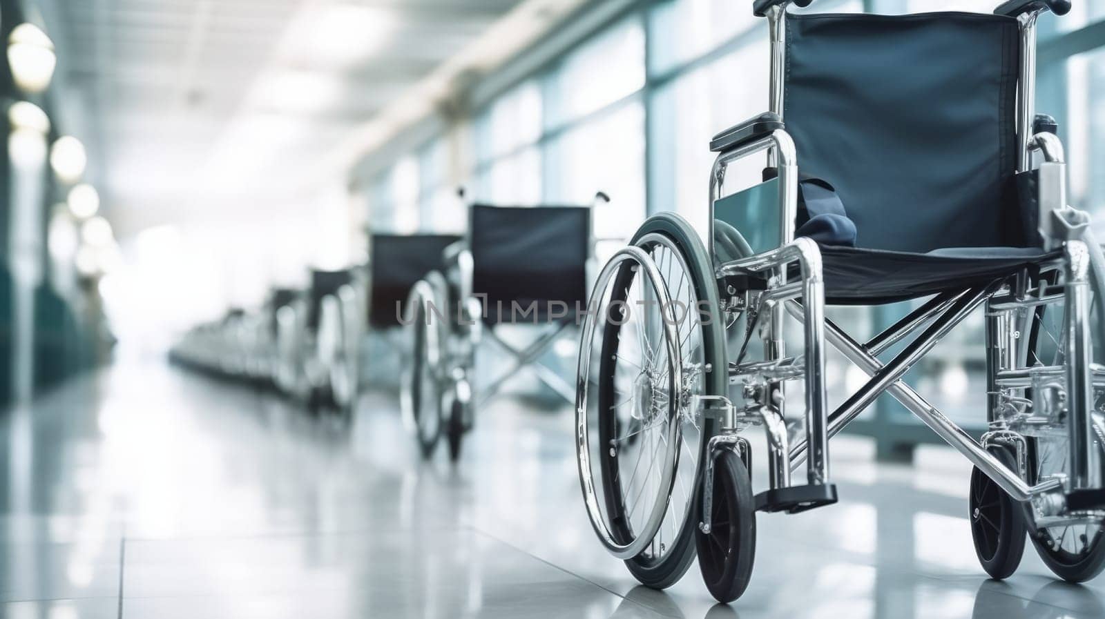 Row of Vacant Wheelchairs in Hospital Hallway.
