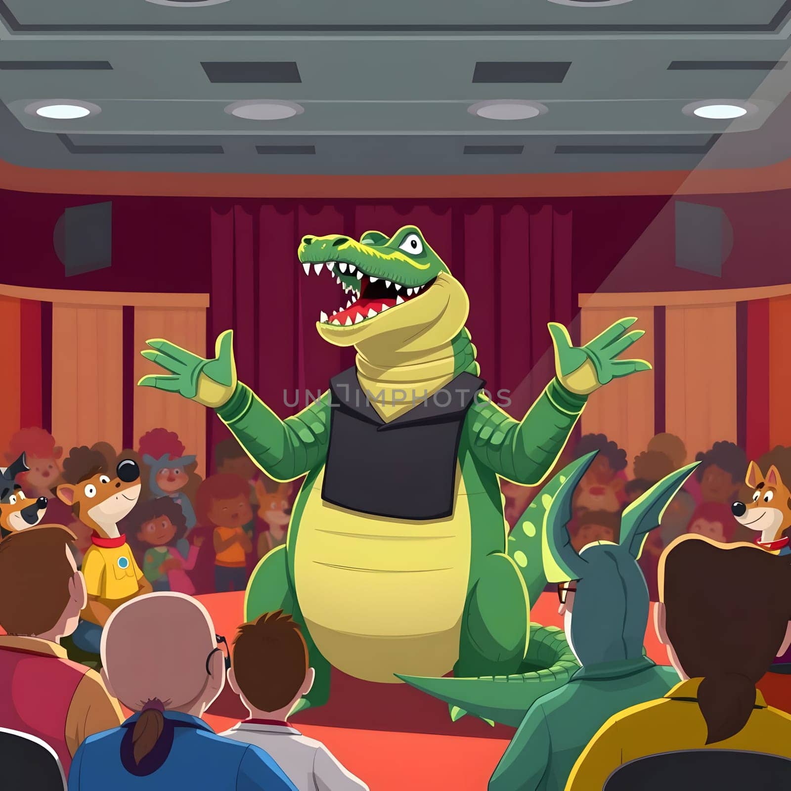 An alligator puppet, dressed in a vest, engages a captivated audience of children and adults at a lively theater performance, bringing joy and laughter to the event.